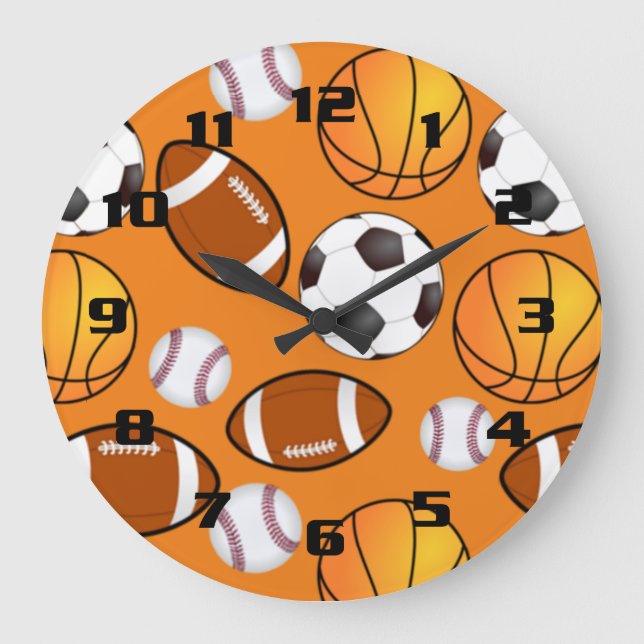 Sports football soccer baseball basketball Pattern Large Clock (Front)