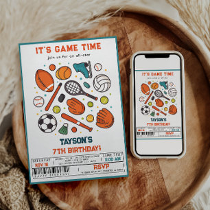 Sports Game Time All-Star 7th Birthday Party   Boy Invitation