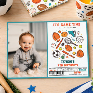 Sports Game Time All-Star 7th Birthday Party   Boy Invitation
