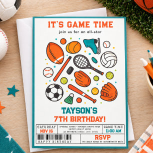 Sports Game Time All-Star 7th Birthday Party Boy Invitation