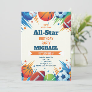 Sports Game Time All-Star Birthday Party Invitation