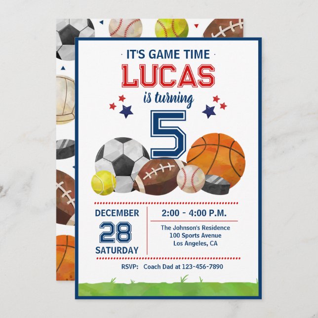 Sports Game Time All-Star Birthday Party Invitation (Front/Back)