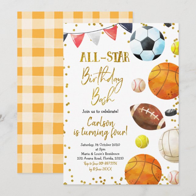 Sports Game Time Birthday Invitation (Front/Back)
