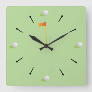 Sports Golf Balls and Flagstick on Green Square Wall Clock