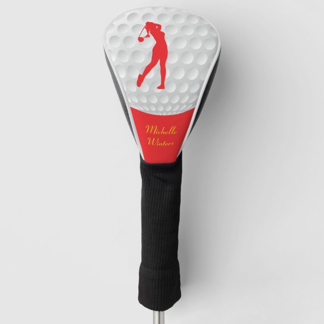 Sports Golfer Female Red Silhouette Golf Head Cover (Front)