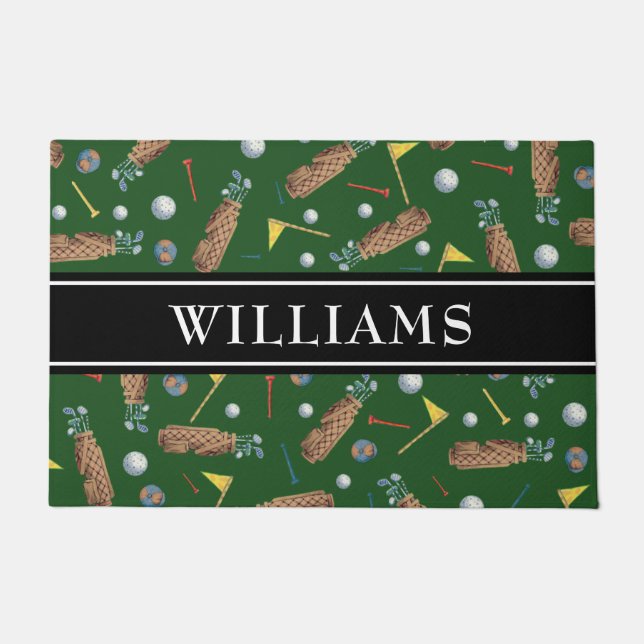 Sports Green Golf Equipment Family Name Doormat (Front)
