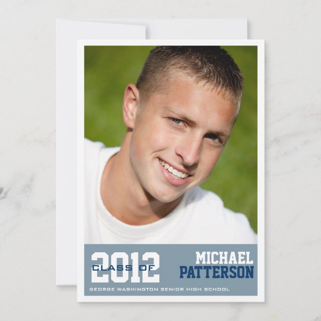 Sports Guy Photo Graduation Party Invitation Blue (Front)