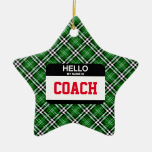 Sports Hello My Name is COACH Tag Team Holiday Ceramic Tree Decoration