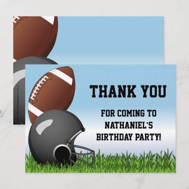 Sports Helmet/Ball/Grass Football Birthday Party Thank You Card (Front/Back)