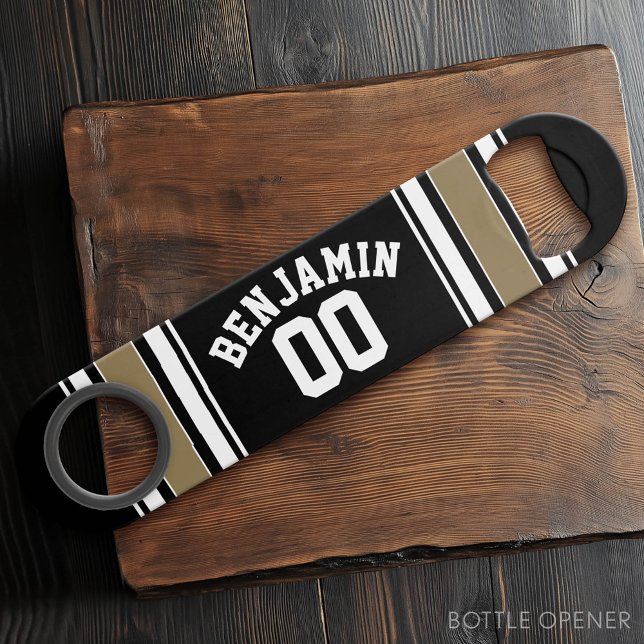 Sports Jersey Black and Gold Stripes Name Number (Custom Bottle Opener)