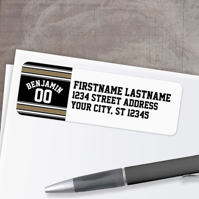 Sports Jersey Black and Gold Stripes Name Number (Personalized Return Address Label)