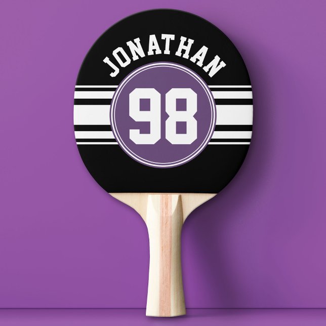 Sports Jersey Black and Purple Stripes Name Number Ping Pong Paddle (Custom Ping Pong Paddle - Team or College colors Sports Jersey)