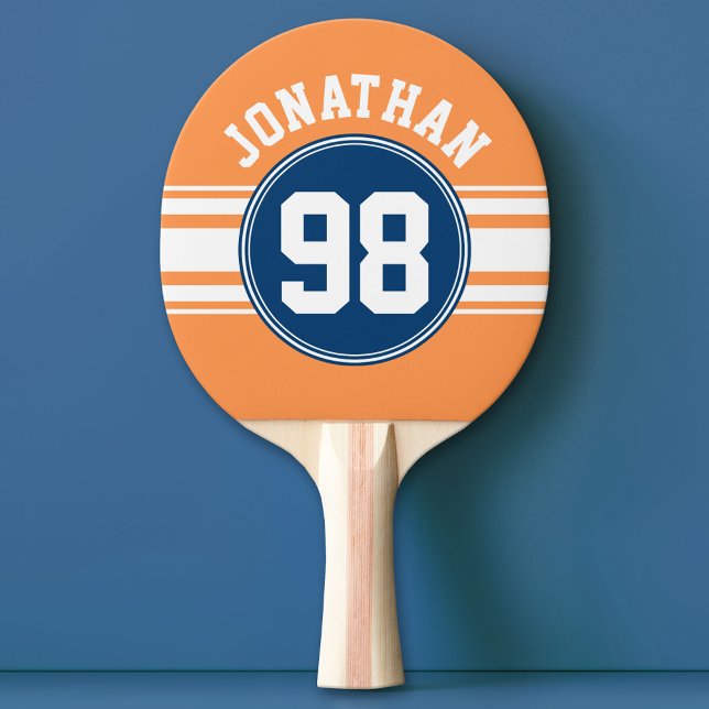 Sports Jersey Blue and Orange Stripes Name Number Ping Pong Paddle (Custom Ping Pong Paddle with a Sports Theme)