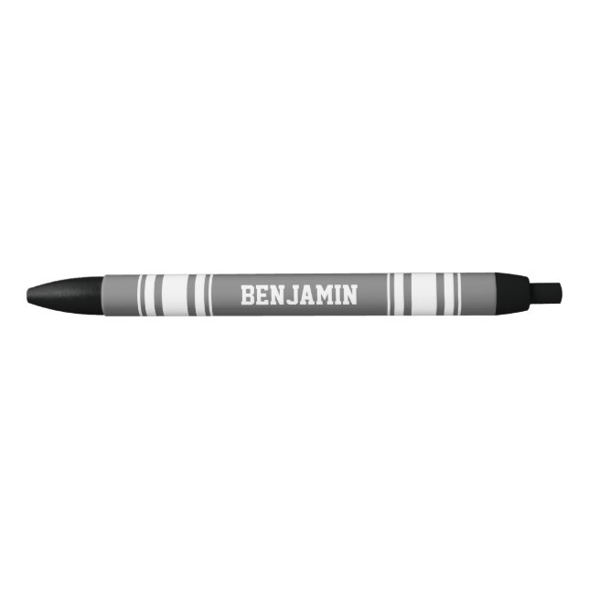 Sports Jersey Grey and White Stripes Personalised Black Ink Pen (Front)