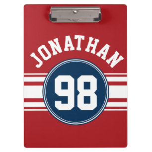 Sports Jersey Navy Blue & Red Stripes Name Number Clipboard