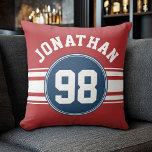 Sports Jersey Navy Blue & Red Stripes Name Number Cushion<br><div class="desc">This sporty design is perfect for any athlete playing football,  soccer or baseball. You change the numbers to your lucky number or even a special age for a birthday celebration.</div>