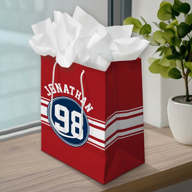 Sports Jersey Navy Blue & Red Stripes Name Number Medium Gift Bag (Custom Gift Bag)
