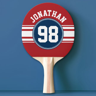 Sports Jersey Navy Blue & Red Stripes Name Number Ping Pong Paddle