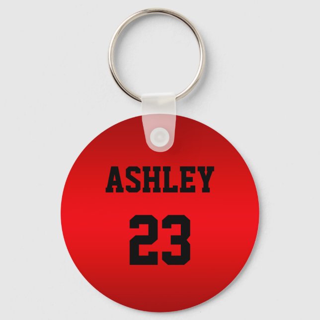 Sports Jersey Number and Name Red Personalised Key Ring (Front)