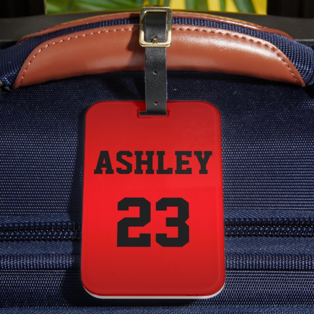 Sports Jersey Number and Name Red Personalised Luggage Tag (Front Insitu 2)