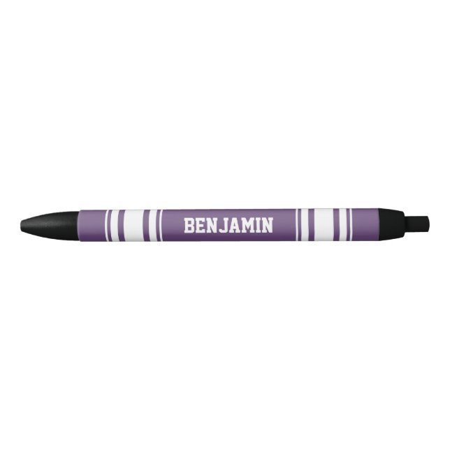 Sports Jersey Purple White Stripes Personalised Black Ink Pen (Front)