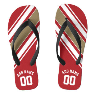 Sports Jersey Red and Gold Stripes Name Number Flip Flops