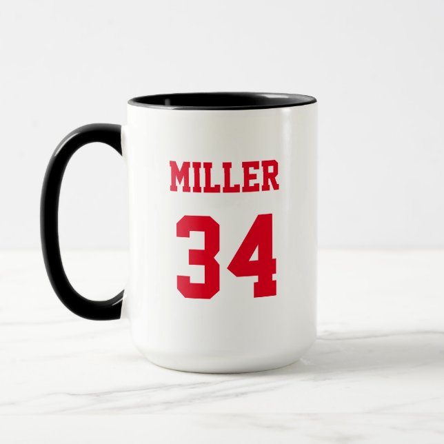 Sports Jersey Red Custom Name and Number Mug (Left)