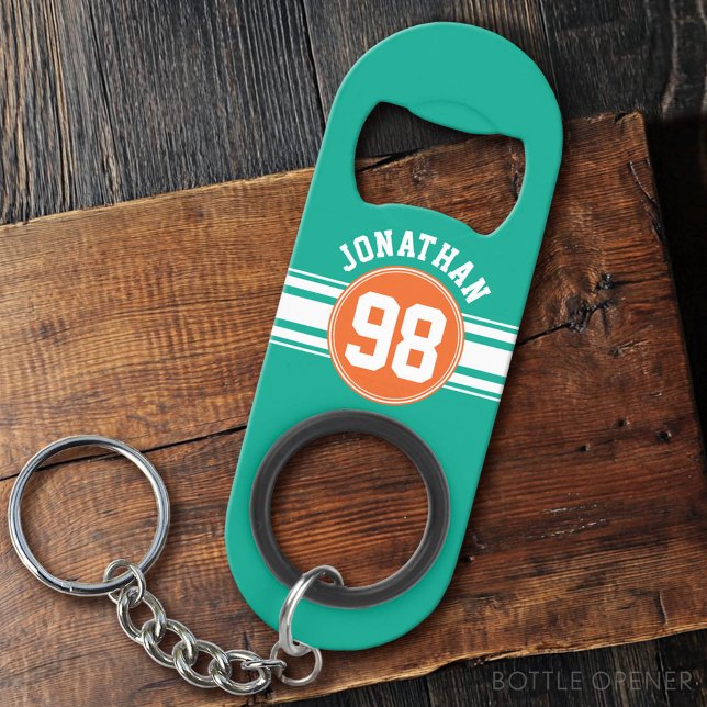 Sports Jersey Stripes Emerald & Orange Name Number (Custom Bottle Opener)