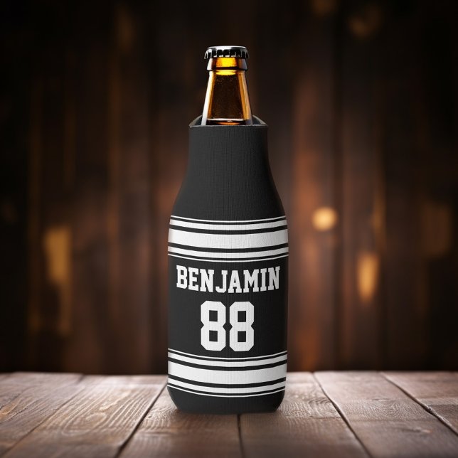 Sports Jersey Stripes - Personalised Name Number Bottle Cooler (Add your name to this sporty personalized bottle cooler.)