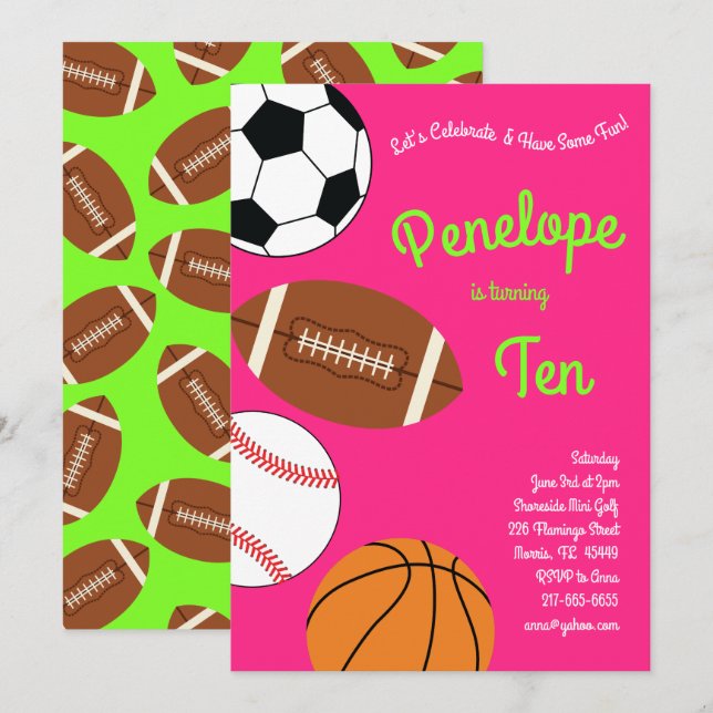 Sports Kids Birthday Party Pink Girls Invitation (Front/Back)