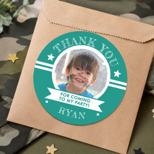 Sports Kids Photo Birthday Party Thank You  Classic Round Sticker