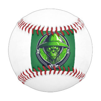 Sports logo with a green alien baseball