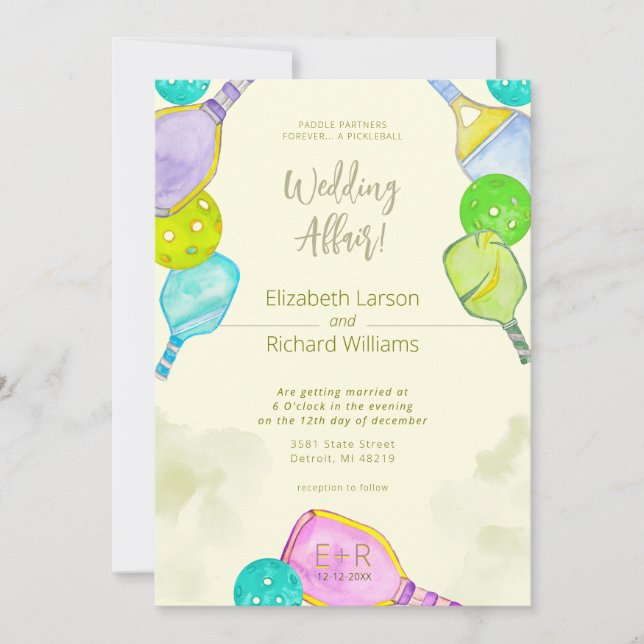 Sports Lover Watercolor  Pickleball Themed Wedding Invitation (Front)