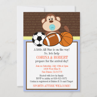 Sports Monkey Baby Shower Invite