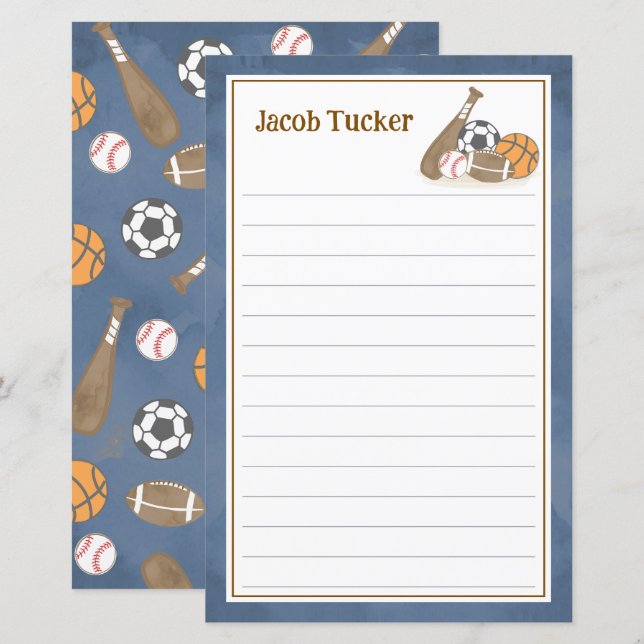 Sports Navy Blue Kids Lined Letter Writing Paper (Front/Back)