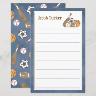 Sports Navy Blue Kids Lined Letter Writing Paper