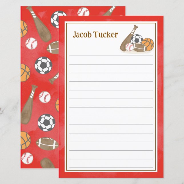 Sports Navy Red Kids Lined Letter Writing Paper (Front/Back)