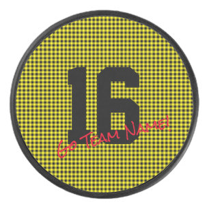 Sports NUMBER Black Gold Go Team Name! Fun Hockey Puck