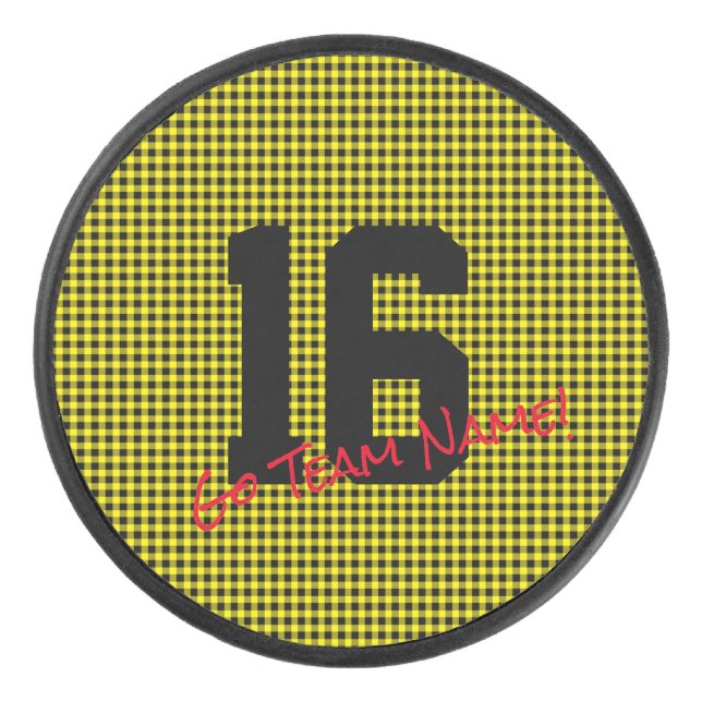 Sports NUMBER Black Gold GO TEAM NAME! Fun Hockey Puck (Front)