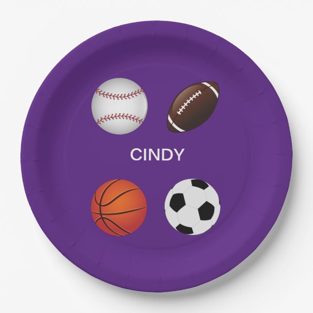 " SPORTS" PAPER PLATES WITH CHILDS NAME. (Front)
