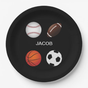 " SPORTS" PAPER PLATES WITH CHILDS NAME.