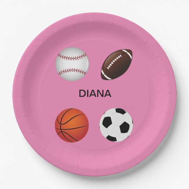 " SPORTS" PAPER PLATES WITH CHILDS NAME. (Front)