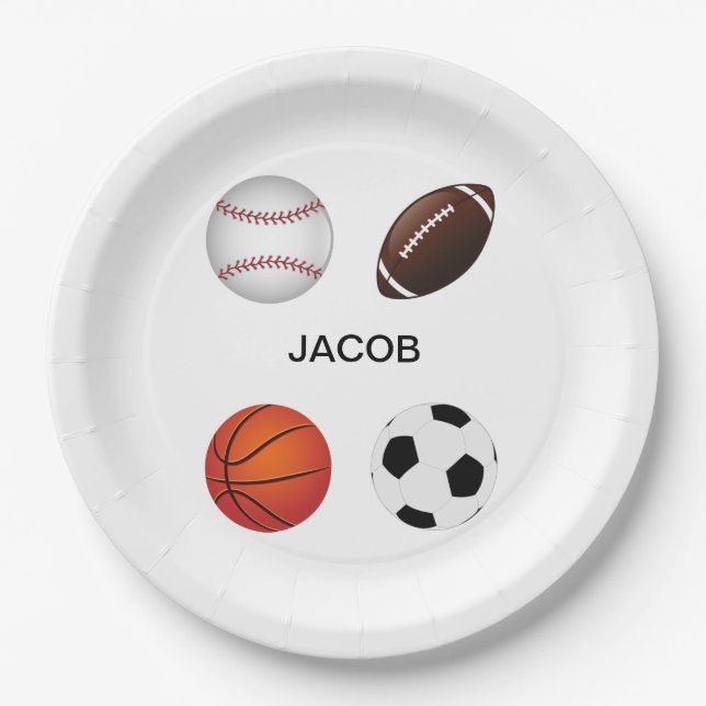 " SPORTS" PAPER PLATES WITH CHILDS NAME. (Front)