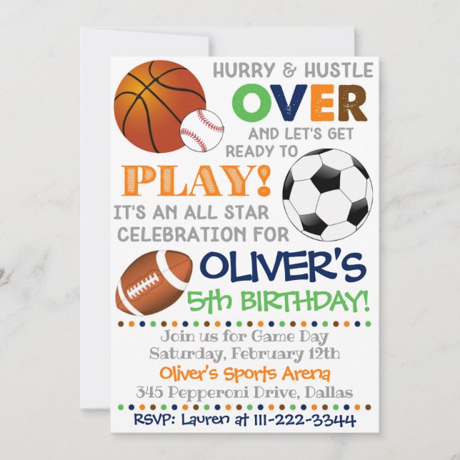 Sports Party Invitation Sport Birthday Sports (Front)