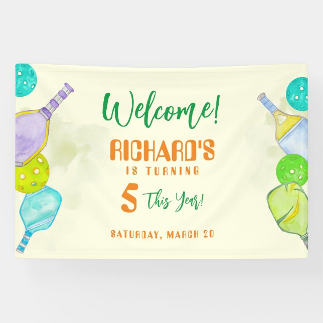 Sports Party Watercolor Pickleball Themed Birthday Banner (Horizontal)