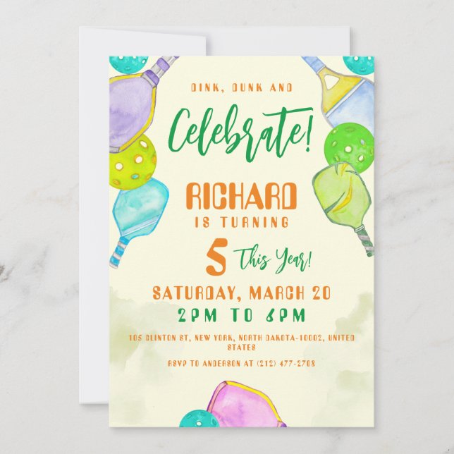 Sports Party Watercolor Pickleball Themed Birthday Invitation (Front)