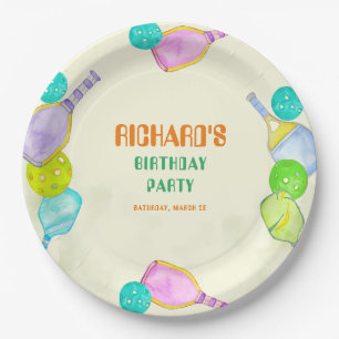 Sports Party Watercolor Pickleball Themed Birthday Paper Plate