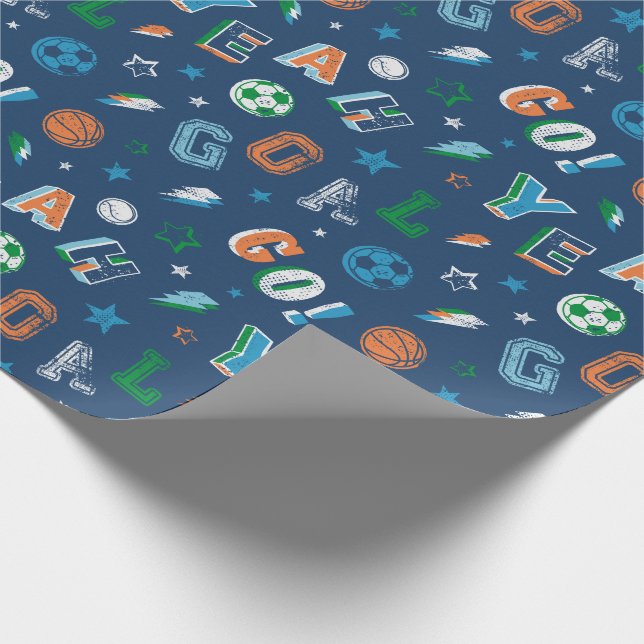 Sports pattern with text, balls and stars wrapping paper (Corner)