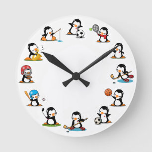 Sports Penguins Round Clock