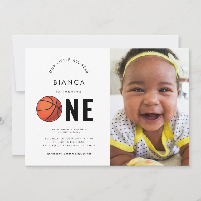 Sports Photo Basketball 1st Birthday Party         Invitation (Front)